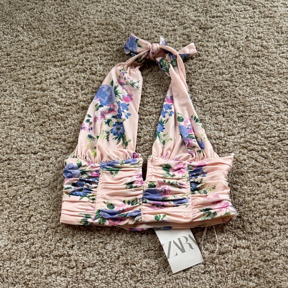Zara Pink Floral Ruched Halter Top
